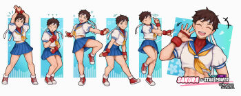 abs blue_skirt brown_hair buruma_under_skirt character_name dancing fortnite headband hershuar highres kasugano_sakura looking_at_viewer midriff muscular muscular_female pleated_skirt school_uniform sequential serafuku shoes short_hair skirt smile sneakers street_fighter thighs very_short_hair waving white_headband