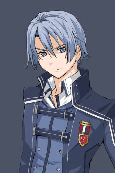 1boy blue_eyes blue_hair eiyuu_densetsu highres kurt_vander looking_at_viewer male_focus portrait school_uniform sen_no_kiseki sen_no_kiseki_(series) sen_no_kiseki_iii serious simple_background surasho_oekaki thors_military_academy_branch_campus_uniform