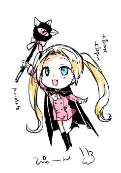 1girl akatsuki_blitzkampf ascot blush boots cape chibi en-eins_kanzen_sekai fang germany happy high_heel_boots high_heels highres holding holding_mace holding_wand holding_weapon ishitsuki_merokoa kati_(akatsuki_en-eins) mace ponytail side_ponytail sketch wand weapon