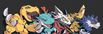 Rule 34 | agumon, commentary, digimon, digimon (creature), dracomon, dragon, english commentary, garmmy, green eyes, grey background, group picture, hackmon (digimon), horns, lizard, loogamon, no humans, red eyes, simple background, single horn, trait connection, wolf, yellow eyes, zubamon