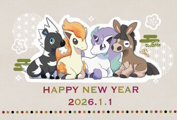 Rule 34 | asa no ha (pattern), blitzle, blue eyes, blunt bangs, chinese zodiac, commentary request, dated, galarian form, galarian ponyta, gen 1 pokemon, gen 5 pokemon, gen 7 pokemon, gen 8 pokemon, happy new year, highres, horns, mudbray, new year, nintendo, no humans, pokemon, pokemon (creature), pokemon focus, ponyta, regional and normal, saki pokeoekaki, single horn, sitting, year of the horse