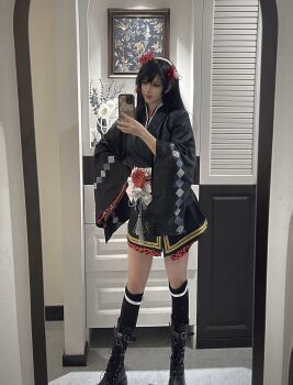 Rule 34 | 1girl, ankle boots, arm up, black hair, black kimono, black thighhighs, boots, chinese (nationality), chinese commentary, closed mouth, commentary, cosplay, cosplay photo, eyeshadow, female focus, final fantasy, final fantasy vii, final fantasy vii remake, flower, full body, grey ribbon, hair behind ear, hair flower, hair ornament, hairband, hands up, high heel boots, high heels, highres, holding, holding phone, indoors, japanese clothes, kimono, lace-up boots, legs apart, light smile, lips, long hair, long sleeves, makeup, mirror, obi, official alternate costume, official art, parted lips, phone, photo (medium), real life, red eyes, red eyeshadow, red flower, red lips, reflection, sash, selfie, shadow, short kimono, smile, solo, square enix, ssyyouo, standing, swept bangs, thighhighs, tifa lockhart, tifa lockhart (cosplay), tifa lockhart (exotic dress), wide sleeves, zettai ryouiki