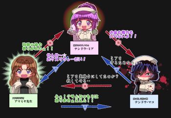 3girls :d @_@ amamiya_(sakusei_byoutou) arrow_(symbol) black_background black_gloves black_hair blood blood_stain blunt_bangs bob_cut candy chibi chibi_only circle commentary_request diagram elbow_gloves eyebrow eyelashes food gloves hat highres holding holding_candy holding_food holding_lollipop lab_coat lollipop long_sleeves middle_finger multiple_girls nurse nurse_cap open_mouth pill pink_hair relationship_graph ribbed_shirt sakusei_byoutou sanpaku shirt siblings sisters sleeves_past_fingers sleeves_past_wrists smile sunburst tendou_mako_(sakusei_byoutou) tendou_mia_(sakusei_byoutou) translation_request v-shaped_eyebrows wavy_hair