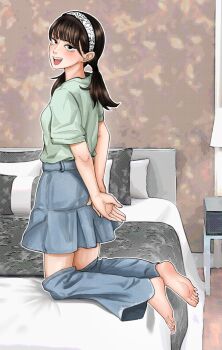 1girl barefoot bed black_eyes blush brown_hair emmi feet hairband highres long_hair looking_at_viewer open_mouth soles toes