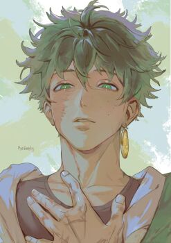 1boy alternate_costume artist_name black_shirt boku_no_hero_academia commentary earrings english_commentary eyeempty fingernails freckles green_eyes green_hair highres jewelry lips male_focus midoriya_izuku portrait scar scar_on_face scar_on_hand shirt short_hair solo