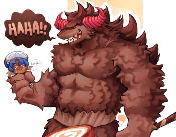 2boys absurdres artist_name artist_self-insert bara blue_hair commentary cookie_run cookie_run:_kingdom english_commentary fangs fungiteh furry furry_male hammer hat highres holding holding_hammer holding_weapon horns laughing looking_at_another male_focus multiple_boys muscular muscular_male open_mouth original schwarzwalder_(cookie_run) smile speech_bubble topless_male weapon white_hat