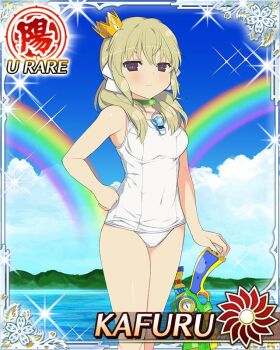 Rule 34 | 1girl, blonde hair, border, breasts, card (medium), character name, choker, closed mouth, covered navel, crown, frown, game cg, gold crown, green choker, hand on own hip, kafuru (senran kagura), looking at viewer, low twintails, medium breasts, medium hair, mini crown, ocean, official art, one-piece swimsuit, planted gun, purple eyes, rainbow, senran kagura, senran kagura new wave, senran kagura peach beach splash, short twintails, solo, swimsuit, twintails, water gun, whistle, whistle around neck, white one-piece swimsuit, yaegashi nan, yellow pupils