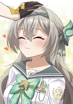 1girl absurdres blush bow breasts closed_eyes closed_mouth collarbone commentary english_commentary firefly_(honkai:_star_rail) firefly_(spring_missive)_(honkai:_star_rail) green_bow hair_between_eyes hair_ornament headpat highres honkai:_star_rail honkai_(series) long_hair medium_breasts official_alternate_costume plaid_bow school_uniform serafuku shirozaya shirt smile solo_focus stelle_(honkai:_star_rail) trailblazer_(honkai:_star_rail) white_shirt