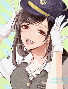 1girl absurdres black_hair black_jacket blue_hat blush collared_shirt commentary_request earrings final_fantasy final_fantasy_vii final_fantasy_vii_remake gloves hands_up hat highres jacket jewelry long_hair looking_at_viewer open_mouth putting_on_headwear red_eyes ruka_ika shirt short_sleeves single_earring sleeveless sleeveless_jacket smile solo sparkle teardrop_earrings tifa_lockhart train_attendant train_conductor travel_attendant upper_body white_gloves white_shirt