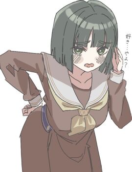 1girl blunt_bangs blunt_ends blush bob_cut breasts brown_dress dress embarrassed green_eyes green_hair hasu_no_sora_school_uniform leaning_forward link!_like!_love_live! long_sleeves looking_at_viewer love_live! medium_breasts momose_ginko neckerchief open_mouth pleated_dress raised_inner_eyebrows s_(y7555128265305) sailor_collar sailor_dress school_uniform short_hair simple_background solo translation_request virtual_youtuber wavy_mouth white_background white_sailor_collar winter_uniform yellow_neckerchief