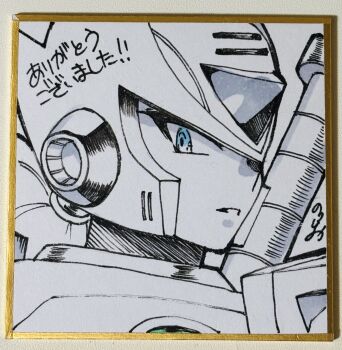 Rule 34 | 1boy, android, armor, blue eyes, close-up, helmet, highres, lineart, male focus, mega man (series), mega man x (series), monochrome, no-rishio, photo (medium), shikishi, solo, spot color, traditional media, zero (mega man)