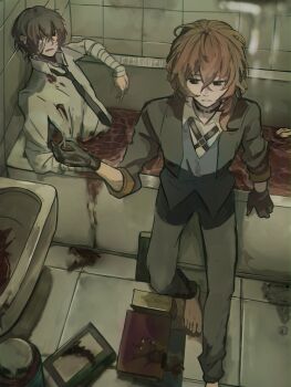 2boys bandaged_arm bandages barefoot bathroom belt black_eyes black_gloves black_hair black_necktie bleeding blood blue_eyes blue_tunic box brown_hair bungou_stray_dogs caustics collared_shirt crossed_bangs dazai_osamu_(bungou_stray_dogs) elbow_rest expressionless from_above full_body gloves grey_jacket hair_between_eyes hand_up highres indoors jacket leaning_back male_focus multiple_boys nakahara_chuuya_(bungou_stray_dogs) necktie parted_lips partially_submerged pool_of_blood rintouru_2 shirt short_hair sink sitting stool tile_wall tiles tunic white_shirt