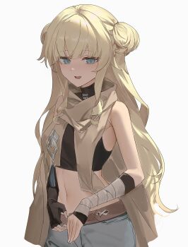 1girl :d baiser3rd belt black_sports_bra blonde_hair blue_eyes breasts denim denim_shorts elbow_gloves fingerless_gloves gloves highres honkai_(series) honkai_impact_3rd large_breasts long_hair looking_at_viewer navel open_mouth shorts simple_background smile solo songque songque_(amber_street) sports_bra stomach white_background