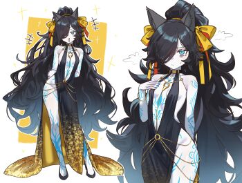 1girl :&gt; :/ absurdres animal_ears arms_behind_back bare_arms bare_shoulders bb_(fate) bb_dubai_(fate) bb_dubai_(fate)_(cosplay) black_dress black_hair black_shoes blue_eyes blue_nails blue_tattoo breasts cat_ears cat_girl closed_mouth collared_halterneck colored_skin contrapposto cosplay dark_kasli_(nyanko_daisensou) dress ebora evening_gown fate/grand_order fate_(series) gold gold_dress gradient_clothes gradient_dress hair_over_one_eye halter_dress halterneck high_heels high_ponytail highres kasli_(nyanko_daisensou) long_hair looking_at_viewer multiple_views nail_polish no_panties nyanko_daisensou o-ring open_mouth ponytail shoes small_breasts smile sweatdrop swept_bangs very_long_hair wavy_hair white_skin