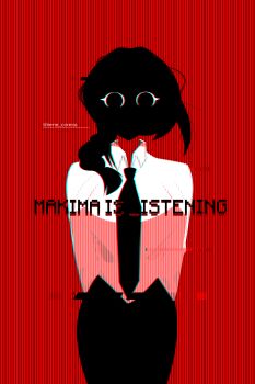 1girl absurdres black_necktie black_pants chainsaw_man collared_shirt commentary diamondgreenanimat0 english_commentary glitch highres long_hair makima_(chainsaw_man) necktie pants red_background shirt solo striped_background white_shirt