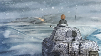 Rule 34 | 1girl, artist name, brown hair, cannon, from behind, girls und panzer, highres, imminent death, kepincox, kuromorimine military uniform, military vehicle, motor vehicle, nishizumi miho, panther (tank), projectile trail, radio antenna, scene reference, smoke, snow, solo, t-34 (movie), tank, tank turret, twitter username, world war ii