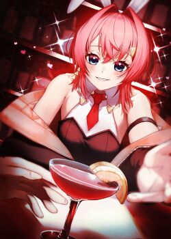 1girl ange_katrina animal_ears arm_strap armpit_crease bad_id bad_twitter_id bar_(place) bare_shoulders black_jacket blue_eyes blurry blush breasts champagne_coupe cocktail collared_leotard crossed_bangs cup depth_of_field doidamon drinking_glass dutch_angle earrings fake_animal_ears food fruit gold_earrings gradient_eyes grin hair_intakes hair_ornament halter_leotard halterneck hand_up heart highres indoors jacket jewelry leotard lips looking_at_viewer medium_hair multicolored_eyes necktie nijisanji nontraditional_playboy_bunny off_shoulder official_alternate_costume open_clothes open_jacket orange_(fruit) orange_jacket orange_slice pov pov_across_table pov_hands rabbit_ears reaching reaching_towards_viewer red_eyes red_hair red_necktie short_necktie single_earring small_breasts smile solo_focus sparkle triangle_earrings triangle_hair_ornament two-sided_fabric two-sided_jacket upper_body virtual_youtuber
