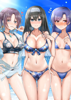 3girls absurdres ahoge armpits asakura_toru bare_shoulders beach bikini black_bikini black_hair blue_bikini blue_eyes blue_hair blue_sky blush breasts brown_choker brown_eyes brown_hair checkered_bikini checkered_clothes choker cleavage closed_mouth cloud collarbone commentary_request cowboy_shot crossed_bangs day earrings embarrassed finger_to_mouth flying_sweatdrops front-tie_bikini_top front-tie_top gluteal_fold gradient_hair groin hair_between_eyes hairband half_updo hand_on_own_hip hand_on_own_chest hand_up heart highres idolmaster idolmaster_(classic) idolmaster_cinderella_girls idolmaster_shiny_colors jacket jewelry kisaragi_chihaya large_breasts light_rays long_hair looking_at_viewer looking_to_the_side mabanna midriff mismatched_bikini multicolored_hair multiple_girls navel nose_blush ocean off_shoulder outdoors parted_bangs parted_lips partially_unbuttoned sagisawa_fumika see-through_clothes short_hair sidelocks skindentation sky small_breasts smile standing sunbeam sunlight sweat swimsuit thigh_gap