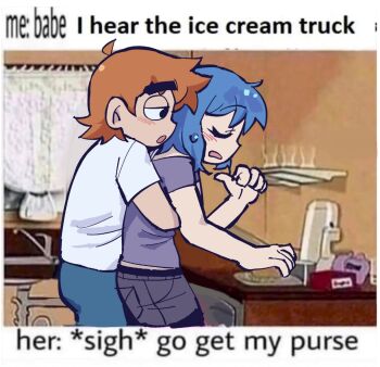 1boy 1girl blue_hair blue_pepe closed_eyes commentary couple cowlick derivative_work english_commentary english_text from_side grey_pants grey_shirt hetero highres hug hug_from_behind indoors kitchen meme orange_hair pants ramona_flowers scott_pilgrim scott_pilgrim_(series) shirt short_hair sidelocks white_shirt