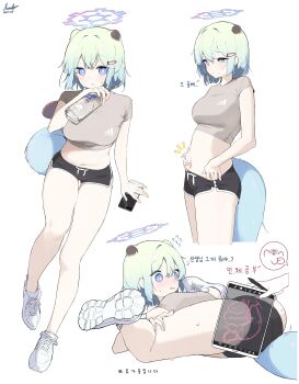 1boy 1girl absurdres alternate_costume animal_ears aqua_hair ass bare_legs belly black_shorts blue_archive bottle breasts cellphone commentary cropped_legs cropped_shirt dated dolphin_shorts doodle_sensei_(blue_archive) drawing_(object) flying_sweatdrops grey_shirt halo highres holding holding_bottle holding_phone korean_text medium_breasts mona_kkkk multiple_views navel phone sensei_(blue_archive) shigure_(blue_archive) shirt shoes short_hair short_shorts short_sleeves shorts signature simple_background smartphone sneakers socks spoken_expression spread_legs stomach sweatdrop tablet_pc tail thigh_gap uterus weasel_ears weasel_girl weasel_tail white_background white_socks