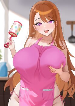 1girl absurdres amadeuslight apron breasts brown_hair commentary earrings english_commentary heart highres hijiri_ageha hirogaru_sky!_precure holding holding_rattle huge_breasts jewelry long_hair nearly_naked_apron open_mouth orange_hair panties pink_panties precure purple_eyes rattle side-tie_panties smile solo underwear upper_body very_long_hair