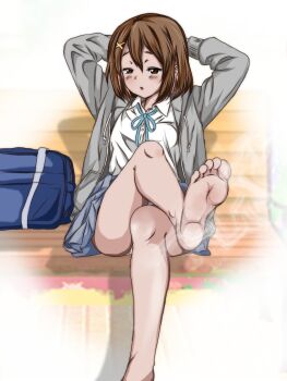 1girl arms_behind_head bag barefoot blush brown_eyes brown_hair collared_shirt commentary_request drawstring feet foot_focus foot_out_of_frame foreshortening grey_jacket hair_between_eyes hair_ornament hairclip highres hirasawa_yui jacket k-on! looking_at_viewer panties parted_lips presenting_own_foot sakuragaoka_high_school_uniform school_uniform sezon shirt short_hair sitting smell soles solo toes underwear white_panties white_shirt