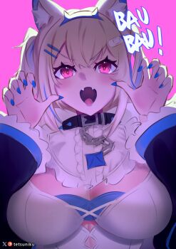 1girl absurdres animal_ears blonde_hair blue_hairband blue_nails blue_streaks breasts chain collar dog_ears dog_girl dress fake_horns fangs fuwawa_abyssgard fuwawa_abyssgard_(1st_costume) hairband hands_up highres hololive hololive_english horn_hairband horns large_breasts open_mouth pink_background pink_eyes solo spiked_collar spikes tetsuniku virtual_youtuber white_dress