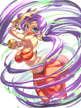 1girl absurdres bandeau bare_shoulders blue_eyes blush breasts cleavage dancer dark-skinned_female dark_skin earrings harem_outfit harem_pants highres hoop_earrings jewelry large_breasts life_is_pi long_hair looking_at_viewer o-ring o-ring_top open_mouth pants pointy_ears purple_hair red_bandeau shantae shantae_(series) smile solo stomach tiara twintails very_long_hair