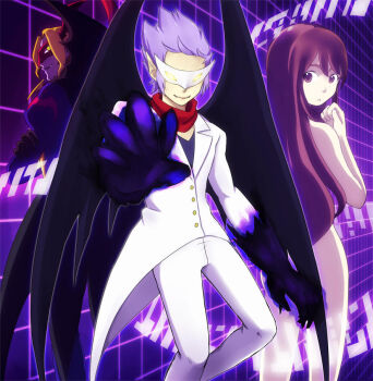 Rule 34 | 1girl, 2boys, age difference, alternate universe, ass, ass peek, back, barefoot, biomerge, blonde hair, brown eyes, brown hair, clenched hand, clothed male nude female, completely nude, demon wings, digimon, digimon (creature), digimon adventure, digimon tamers, energy, epic, eyelashes, fangs, feet, fighting stance, fingernails, floating hair, from behind, full body, hand up, height difference, legs, long hair, looking at viewer, looking back, mask, matching hair/eyes, matrix evolution, multiple boys, nude, original, parted lips, purple hair, riza23, shiny skin, shy, sidelocks, source request, standing, thighs, turning head, tuxedo, unworn clothes, vamdemon, wings