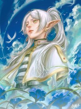 1girl anatomy belt black_belt blue_flower blue_sky brain capelet commentary earrings elf english_commentary flower frieren gold_trim green_eyes hair_over_shoulder high_ponytail highres jewelry lips naofaro nose organs outdoors pointy_ears ponytail signature sky solo sousou_no_frieren upper_body white_capelet white_hair