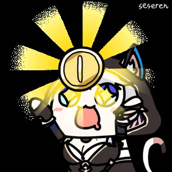 +_+ 1girl animal_ears animated animated_gif artist_name blue_eyes breasts cat_ears cat_girl cat_tail chinese_commentary cipher_(honkai:_star_rail) cleavage coin commentary_request drooling ears_through_headwear honkai:_star_rail honkai_(series) large_breasts lowres mouth_drool open_mouth seseren signature simple_background solo tail transparent_background