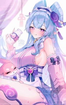 Rule 34 | 1girl, absurdres, black bow, blue hair, blush, bottle, bow, breasts, closed mouth, commentary request, detached sleeves, fingernails, genshin impact, hair between eyes, hand up, heart, highres, holding, holding bottle, japanese clothes, kimono, large breasts, long hair, looking at viewer, nihongami, notice lines, nyamo-lv0, pink kimono, pink sleeves, pointy ears, purple eyes, sash, sideboob, sitting, sleeveless, sleeveless kimono, solo, spoken heart, symbol-shaped pupils, tail, tapir girl, tapir tail, twitter username, very long hair, white sash, yae miko, yae miko (fox), yumemizuki mizuki