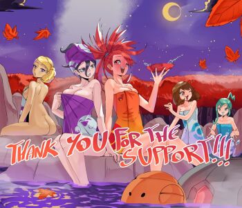 5girls :3 @_@ alcohol alternate_hairstyle ass autumn_leaves bare_shoulders beauty_(pokemon) black_hair blonde_hair blush breasts cleavage commission covering_privates crescent_moon cup drunk english_text falling_leaves flannery_(pokemon) flat_chest forest from_behind full-face_blush full_body furrowed_brow gen_3_pokemon green_hair hair_down half-closed_eyes hand_up hex_maniac_(pokemon) high_ponytail highres holding holding_towel large_breasts leaf lisia_(pokemon) looking_at_viewer looking_back may_(pokemon) medium_breasts moon multiple_girls naked_towel nature night night_sky nintendo nude nude_cover on_rock one_eye_closed onsen open_mouth outdoors parted_lips poke_ball_print pokemon pokemon_(creature) pokemon_legends:_z-a pokemon_oras ponytail purple_eyes purple_sky red_eyes red_hair sakazuki sake sitting sky smile splashing star_(sky) tan thank_you torkoal towel towel_on_head tree wanderjegson