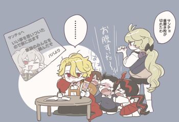 3boys 3girls aged_down ahoge bag nicolina_(project_moon) black_coat black_hair black_pants black_shorts black_skirt blonde_hair blue_shirt book bow brown_hair cassetti_(project_moon) coat collared_shirt crying don_quixote_(project_moon) dulcinea_(project_moon) fang feather_boa grey_hair hair_bow highres holding holding_rattle kneeling kojocho05 la_manchaland's_don_quixote_(project_moon) limbus_company long_hair multicolored_hair multiple_boys multiple_girls note pants curiambro_(project_moon) project_moon rattle red_eyes red_skirt red_streaks sancho_(project_moon) school_bag shirt short_hair shorts skin_fang skirt socks speech_bubble streaked_hair table tearing_up translation_request vest white_shirt writing