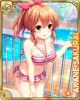 1girl bare_arms bare_legs bare_shoulders barefoot bikini breasts brown_eyes brown_hair card_(medium) cleavage day frilled_bikini frills girlfriend_(kari) hair_ornament indoor_pool indoors looking_at_viewer midriff navel official_art open_mouth ponytail qp:flapper red_bikini sakurai_akane_(girlfriend_(kari)) standing swimsuit water_slide