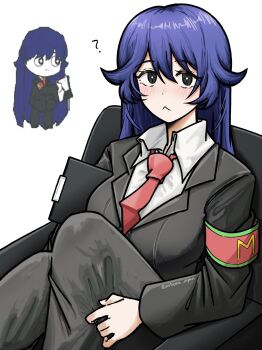 1girl ? black_pants black_suit blue_hair blush bongbong_(project_moon) breasts closed_mouth collared_shirt commentary dot_nose employee_(project_moon) english_commentary formal_clothes highres k_i_r_i_p_o large_breasts lobotomy_corporation multiple_views necktie nugget_(project_moon) pants project_moon red_necktie shirt suit white_background white_shirt