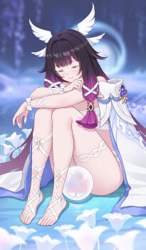 1girl bandaged_chest barefoot black_hair blurry blurry_background closed_eyes coat columbina_(genshin_impact) commentary eye_mask feet genshin_impact hair_wings highres knees_up long_hair mask multicolored_hair orb purple_hair secon smile solo thighs toes two-tone_hair very_long_hair white_coat white_wings wings
