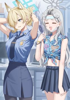 2girls :d =_= absurdres animal_ear_fluff animal_ears arms_up black_pantyhose blonde_hair blue_archive blue_eyes blue_halo blue_necktie blue_shirt blue_skirt breasts clenched_teeth closed_eyes collared_shirt computer cowboy_shot dog_ears dog_girl dress_shirt floral_print_shirt grey_halo halo hand_up handheld_electric_fan hawaiian_shirt highres holding hot indoors kanna_(blue_archive) konoka_(blue_archive) laptop large_breasts long_hair midriff multiple_girls necktie office open_mouth pantyhose pencil_skirt pleated_skirt police police_uniform sharp_teeth shirt short_sleeves simoumi_217 skirt sleeves_pushed_up smile sweat teeth tied_shirt tying_hair