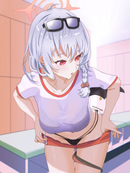 1girl absurdres artist_name black_bra blue_archive bra commentary_request eyewear_on_head hair_ribbon halo haruna_(blue_archive) haruna_(track)_(blue_archive) highres panties red_eyes red_halo ribbon royalbunny003 shirt single_wing sunglasses tail underwear white_hair white_shirt wings