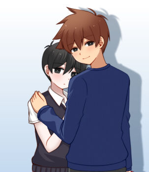 2boys antenna_hair black_eyes black_hair black_sweater_vest blue_sweater bright_pupils brown_hair closed_mouth collared_shirt commentary_request dark-skinned_male dark_skin double-parted_bangs ear_piercing hair_behind_ear hair_between_eyes hand_on_another's_shoulder hero_(faraway)_(omori) hero_(omori) highres hisaho long_sleeves looking_at_viewer male_focus multiple_boys omori piercing shirt short_hair short_sleeves smile sunny_(omori) sweater sweater_vest twitter_username very_short_hair watermark white_pupils white_shirt yaoi