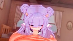 1boy 1girl 3d animal_ears animated clothed_female_nude_male cow_ears deepthroat double_bun erection fellatio hair_bun highres horns indoors koikatsu_(medium) loli long_hair looking_at_viewer looking_up muu_muyu nude oral penis phase_connect pink_eyes pov pov_crotch purple_hair shirt tagme video virtual_youtuber wataamage white_shirt