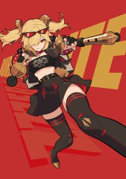Rule 34 | 1girl, black gloves, black jacket, black skirt, black thighhighs, blonde hair, breasts, buncho salmon, burnice white, crop top, eyewear on head, flamethrower, gloves, highres, holding flamethrower, holding weapon, jacket, medium breasts, orange eyes, short hair, short twintails, skirt, sunglasses, thighhighs, tinted eyewear, tonfa, twintails, weapon, zenless zone zero