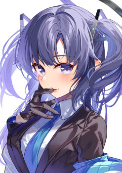 1girl bad_id bad_twitter_id black_gloves black_halo black_jacket blue_archive blue_necktie blush collared_shirt facing_to_the_side gloves hair_ornament halo hand_to_own_mouth jacket jacket_partially_removed kibanda_gohan long_hair looking_at_viewer necktie off_shoulder parted_bangs parted_lips purple_eyes purple_hair shirt solo suit_jacket triangle_hair_ornament twintails white_jacket yuuka_(blue_archive)