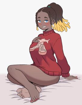 1girl absurdres barefoot blue_eyes blush breasts colored_tips commentary dark-skinned_female dark_skin english_commentary fish full_body hand_on_own_chest highres medium_breasts multicolored_hair no_pants on_bed original ponytail red_nails shoes sitting sneakers solo sweater taterdouce