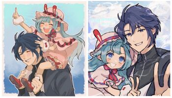 1boy 1girl ^_^ aeon_(shining_nikki) alternate_costume animal_ear_headwear animal_ears ankle_socks aqua_hair black_coat black_jacket blue_eyes blue_hair blue_sky border bow bowtie bright_pupils brother_and_sister capelet carrying child closed_eyes coat commentary_request day eyelashes fake_animal_ears family_bonding frilled_headwear frilled_romper frills fur_wrist_cuffs grin hair_between_eyes hand_on_another's_head happy hat height_difference highres hino_(8) holding_another's_ankle jacket layered_sleeves light_blush long_hair long_sleeves marina_(shining_nikki) mary_janes mob_cap multiple_views nikki_(series) ocean open_clothes open_coat open_mouth outline outside_border parted_bangs pink_capelet pink_hat pink_romper pointing pointing_up rabbit_ears red_bow red_bowtie red_shoes shining_nikki shoes short_hair shoulder_carry siblings sky sleeves_past_wrists smile socks tareme teeth turtleneck turtleneck_jacket upper_teeth_only v very_long_hair white_border white_outline white_pupils white_socks white_wrist_cuffs wrist_bow wrist_cuffs zipper