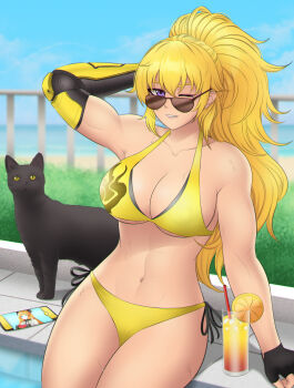 1girl abs alavastircloud bikini black_cat black_gloves blonde_hair cat commentary english_commentary fingerless_gloves gloves grin highres long_hair looking_at_viewer navel one_eye_closed ponytail pool purple_eyes rwby smile sunglasses swimsuit toned toned_female wet yang_xiao_long yellow_bikini