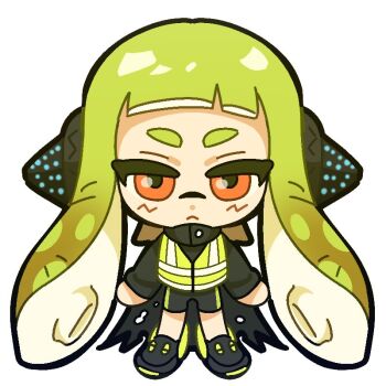 1girl agent_3_(splatoon) black_cape blonde_hair cape headphones high-visibility_clothing high-visibility_vest inkling inkling_girl inkling_player_character long_hair long_sleeves looking_at_viewer nintendo orange_eyes patchwork_clothes salmon_yeon_eo simple_background single_vertical_stripe solo splatoon_(series) splatoon_1 splatoon_2 squidbeak_splatoon suction_cups tentacle_hair vest white_background yellow_vest