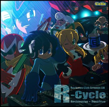 2girls 6+boys album_cover assault_visor bass_(mega_man) beard black_hair black_helmet blonde_hair blue_bodysuit blue_eyes blue_helmet bodysuit chest_jewel closed_eyes cover crossover dj dr._light_(mega_man) dr._wily_(mega_man) dress electric_guitar facial_hair forehead_jewel green_eyes grey_bodysuit grey_hair guitar hashtag-only_commentary headphones helmet hi-go! high_ponytail holding holding_guitar holding_instrument instrument kalinka_cossack_(mega_man) mega_man_(character) mega_man_(classic) mega_man_(series) mega_man_x_(series) multiple_boys multiple_girls mustache no_headwear one_eye_closed ponytail proto_man red_dress red_eyes red_helmet roll_(mega_man) scarf smile white_hair x_(mega_man) yellow_scarf zero_(mega_man)
