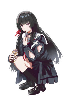 1girl absurdres arm_cutout black_choker black_hair black_jacket black_shoes black_skirt black_socks bright_pupils chisa_(wuthering_waves) choker clothing_cutout commentary food hair_ribbon highres holding holding_food holding_pocky jacket long_hair long_sleeves looking_at_viewer or30_0 parted_lips pocky red_eyes red_ribbon ribbon shoes simple_background skirt socks solo squatting white_background white_pupils wuthering_waves