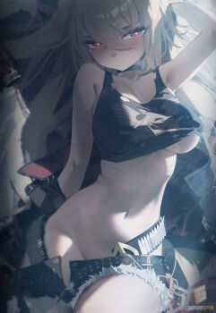1girl absurdres arm_up black_tank_top blonde_hair blush breasts closed_mouth clothes_lift clothes_pull commentary cutoffs highres jacket large_breasts long_hair looking_at_viewer luciana_de_montefio navel no_panties off_shoulder open_clothes open_jacket red_eyes shirt_lift short_shorts shorts shorts_pull solo sushispin tank_top underboob zenless_zone_zero
